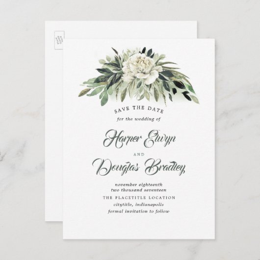 緑と白の牡丹のヴィンテージ日付を保存 案内ポストカード (正面/裏面)