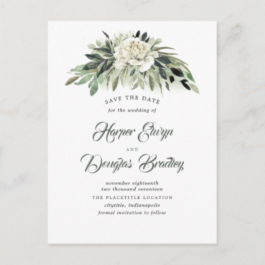 緑と白の牡丹のヴィンテージ日付を保存 案内ポストカード (正面)