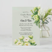 緑と白の牡丹エレガントな結婚式のシャワー 招待状 (スタンド正面)