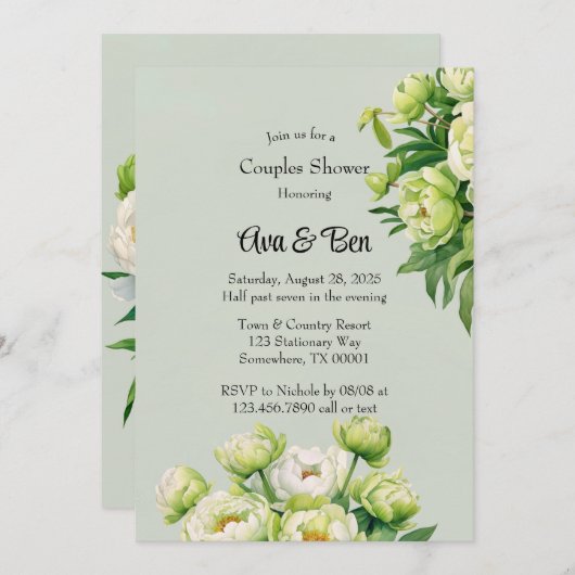 緑と白の牡丹エレガントな結婚式のシャワー 招待状 (正面/裏面)