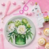 緑と白の牡丹エレガントな結婚式 ペーパープレート (パーティー)