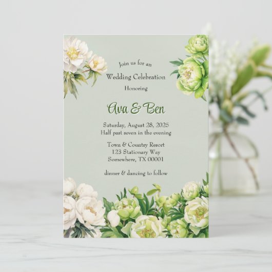 緑と白の牡丹エレガントな結婚式 招待状 (スタンド正面)