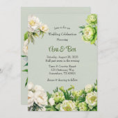 緑と白の牡丹エレガントな結婚式 招待状 (正面/裏面)