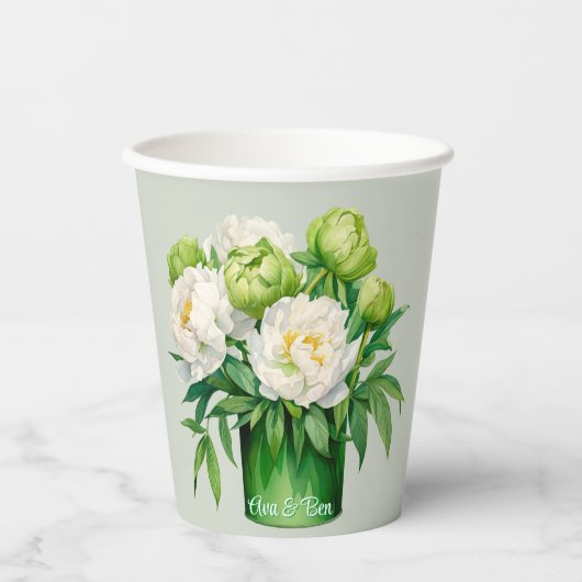 緑と白の牡丹エレガントな結婚式 紙コップ (正面)
