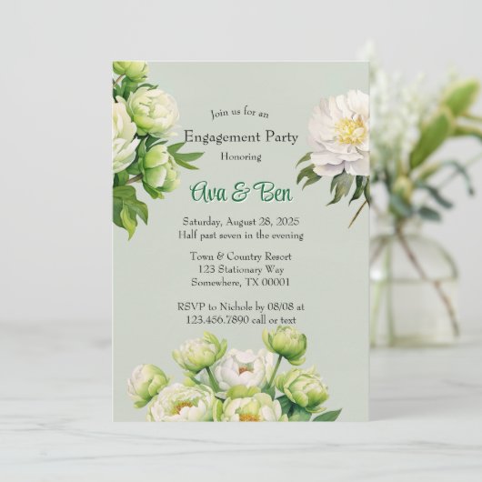 緑と白の牡丹エレガント婚約パーティ 招待状 (スタンド正面)