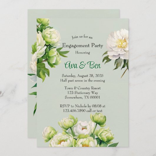 緑と白の牡丹エレガント婚約パーティ 招待状 (正面/裏面)