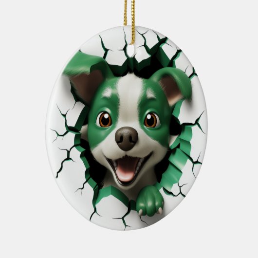 緑と白の犬のぞき セラミックオーナメント (右)