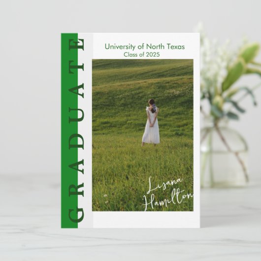 緑と白の直線的な卒業発表カード 招待状 (スタンド正面)