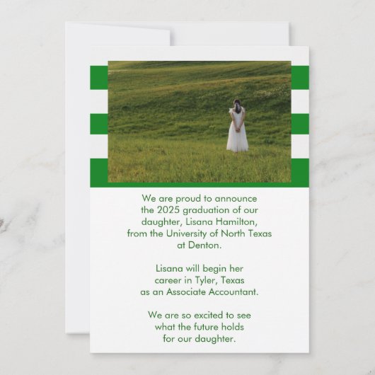 緑と白の直線的な卒業発表カード 招待状 (裏面)