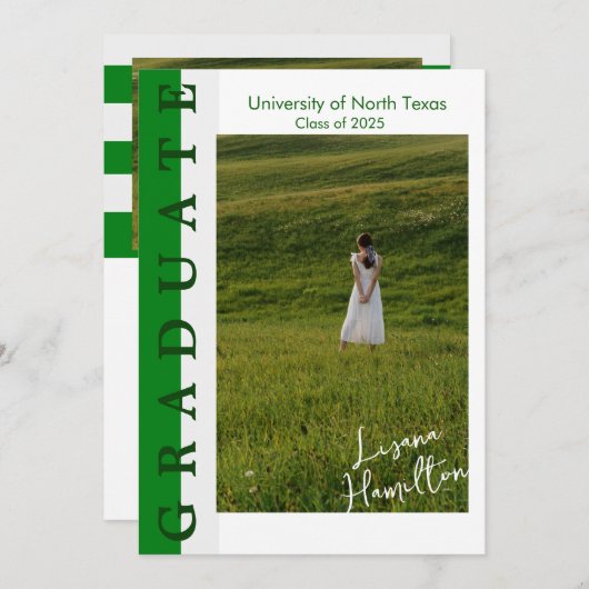緑と白の直線的な卒業発表カード 招待状 (正面/裏面)