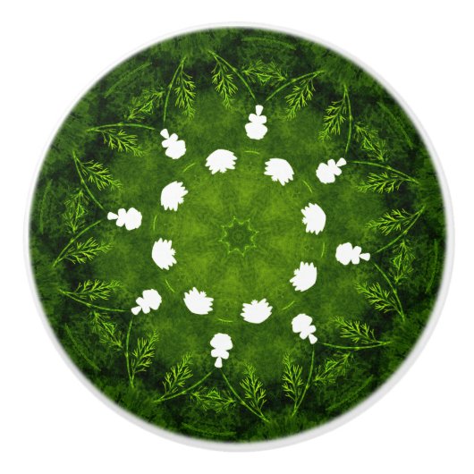 緑と白の花のフローラ セラミックノブ (正面)