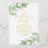 緑と白の花の卒業パーティー 箔招待状 (正面)