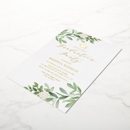 緑と白の花の卒業パーティー 箔招待状 (回転した状態)