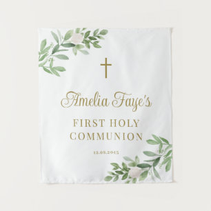緑と白の花の第1コミューニオンバックドランド タペストリー