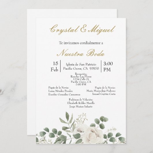 緑と白の花の結婚式招待状 招待状 (正面/裏面)