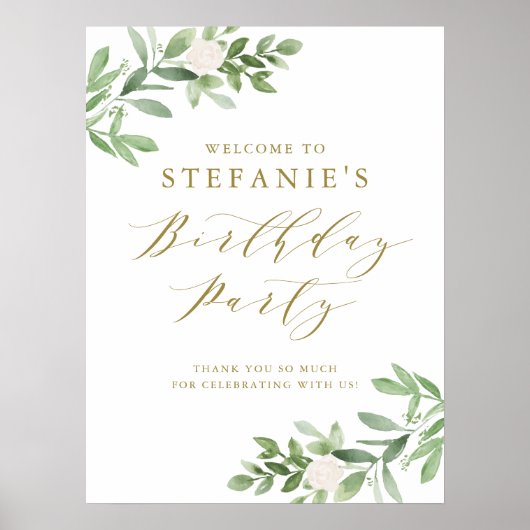 緑と白の花の誕生日パーティーへようこそ ポスター (正面)