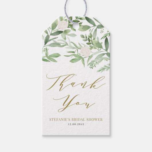 緑と白の花の金ゴールドブライダルシャワー ギフトタグ (正面)