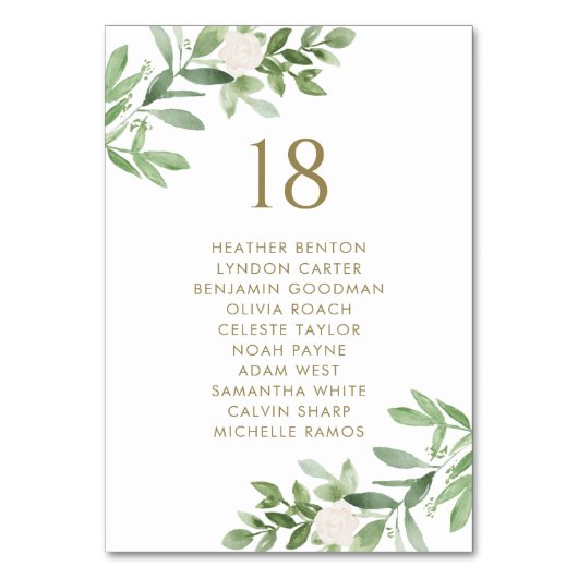 緑と白の花の金ゴールド結婚の座席 テーブルナンバー (正面)