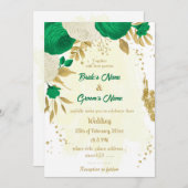 緑と白の花の金ゴールド 招待状 (正面/裏面)