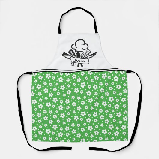 緑と白の花エプロンパーソナライズされた付き エプロン (正面)
