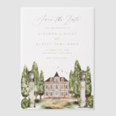 緑と白の花グレイ日付を保存 ベラム紙招待状 (正面)