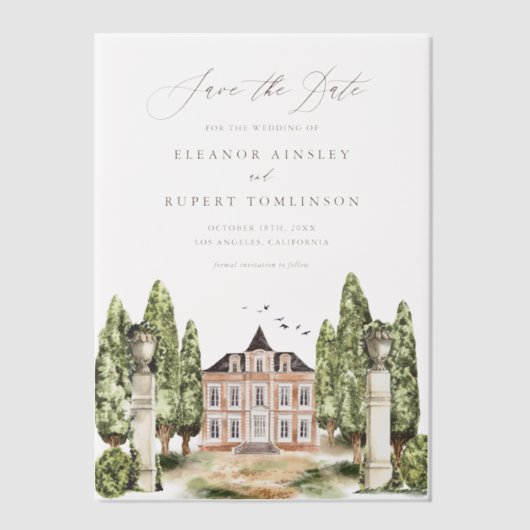 緑と白の花グレイ日付を保存 ベラム紙招待状 (正面)