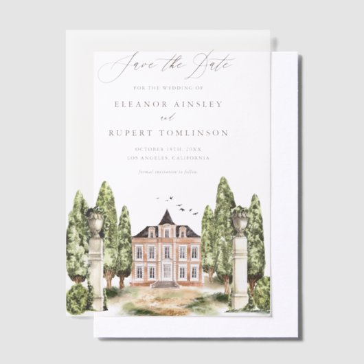 緑と白の花グレイ日付を保存 ベラム紙招待状 (オフセット)