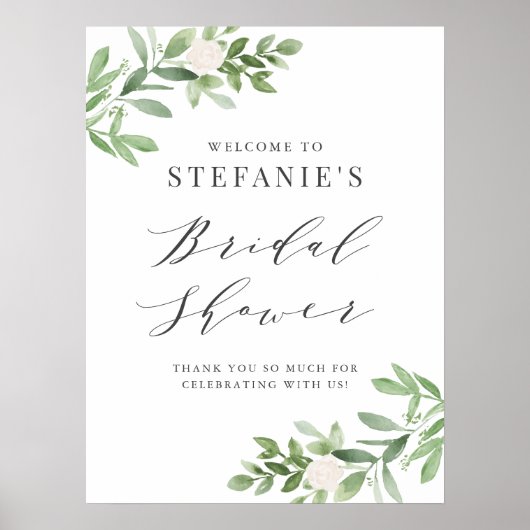 緑と白の花グレーのブライダルシャワー ポスター (正面)