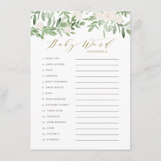緑と白の花ベビー単語スクランブルゲーム エンクロージャーカード (正面)