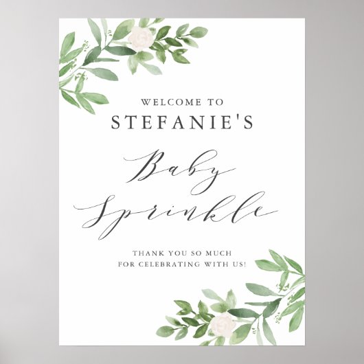 緑と白の花ベビー散水ウェルカム ポスター (正面)