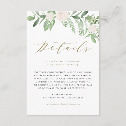 緑と白の花結婚の詳細 エンクロージャーカード (正面)