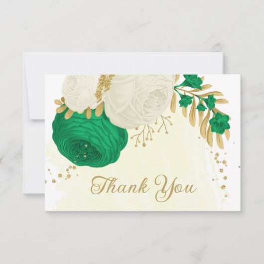 緑と白の花金ゴールド結婚植物 サンキューカード (正面)