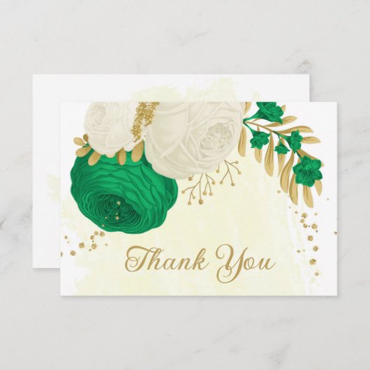 緑と白の花金ゴールド結婚植物 サンキューカード (正面/裏面)