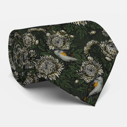 緑と白の菊とジョウビタキ ネクタイ (ロール)