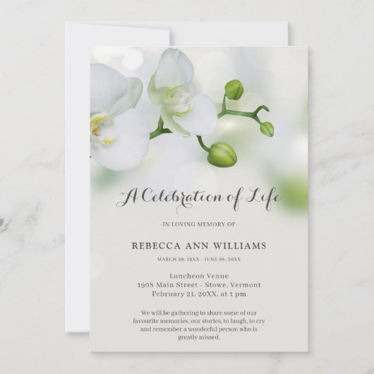 緑と白の蘭のお祝いの人生の葬儀 招待状 (正面)