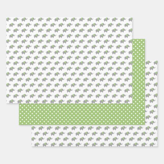 緑と白の象のベビーシャワー ラッピングペーパーシート (セット)