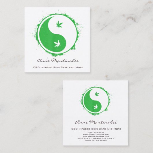 緑と白の陰陽の葉 スクエア名刺 (正面/裏面)