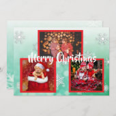 緑と白の雪の結晶 ファミリー フォト クリスマス 招待状 (正面/裏面)