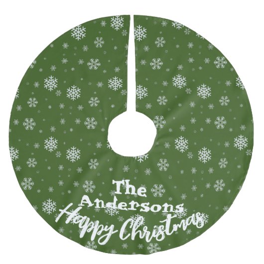 緑と白の雪片ビンテージクリスマス ブラッシュドポリエステルツリースカート (正面)