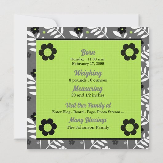 緑と白の非性固有のベビー誕生 案内状 (裏面)