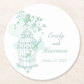 緑と白の鳥がケージのコースタ結婚ーを開く ラウンドペーパーコースター (正面)