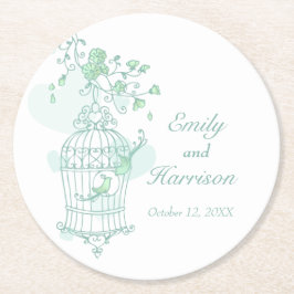 緑と白の鳥がケージのコースタ結婚ーを開く ラウンドペーパーコースター