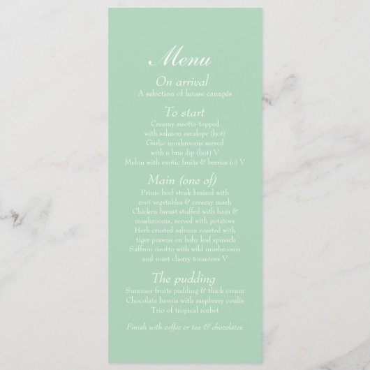 緑と白の鳥のケージの結婚ディナーメニュー メニュー (裏面)