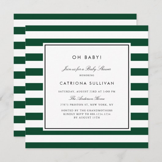 緑と白モダンのパターストライプン赤ちゃんシャワー 招待状 (正面/裏面)
