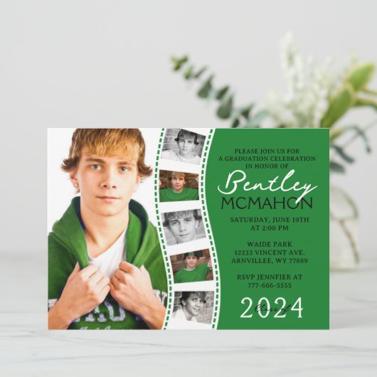 緑と白ユニークのフィルムストリップ6写真卒業 招待状 (スタンド正面)