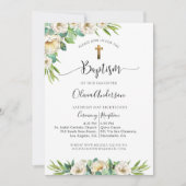 緑と白、金ゴールドイエローフローラバプテスマ 招待状 (正面)