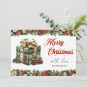 緑と素朴金ゴールドのエレガントクリスマスプレゼント シーズンカード (スタンド正面)