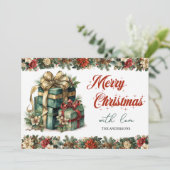 緑と素朴金ゴールドのエレガントクリスマスプレゼント シーズンカード (スタンド正面)