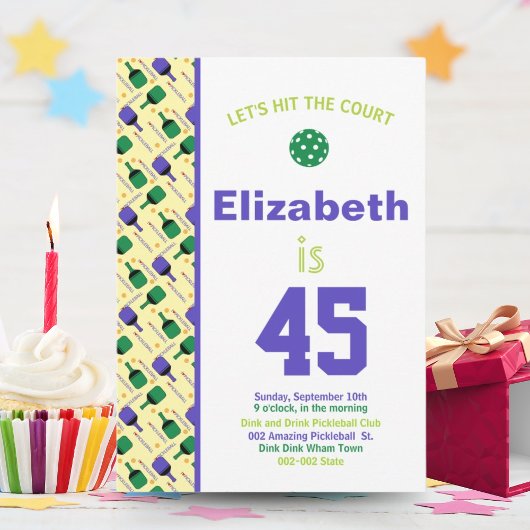 緑と紫のピックルボール誕生日パーティー 招待状
