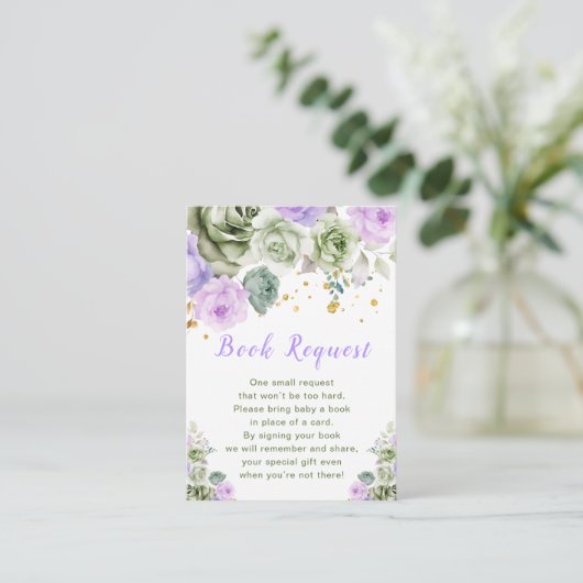 緑と紫のフローラ赤ちゃんシャワー予約リクエスト エンクロージャーカード (スタンド正面)